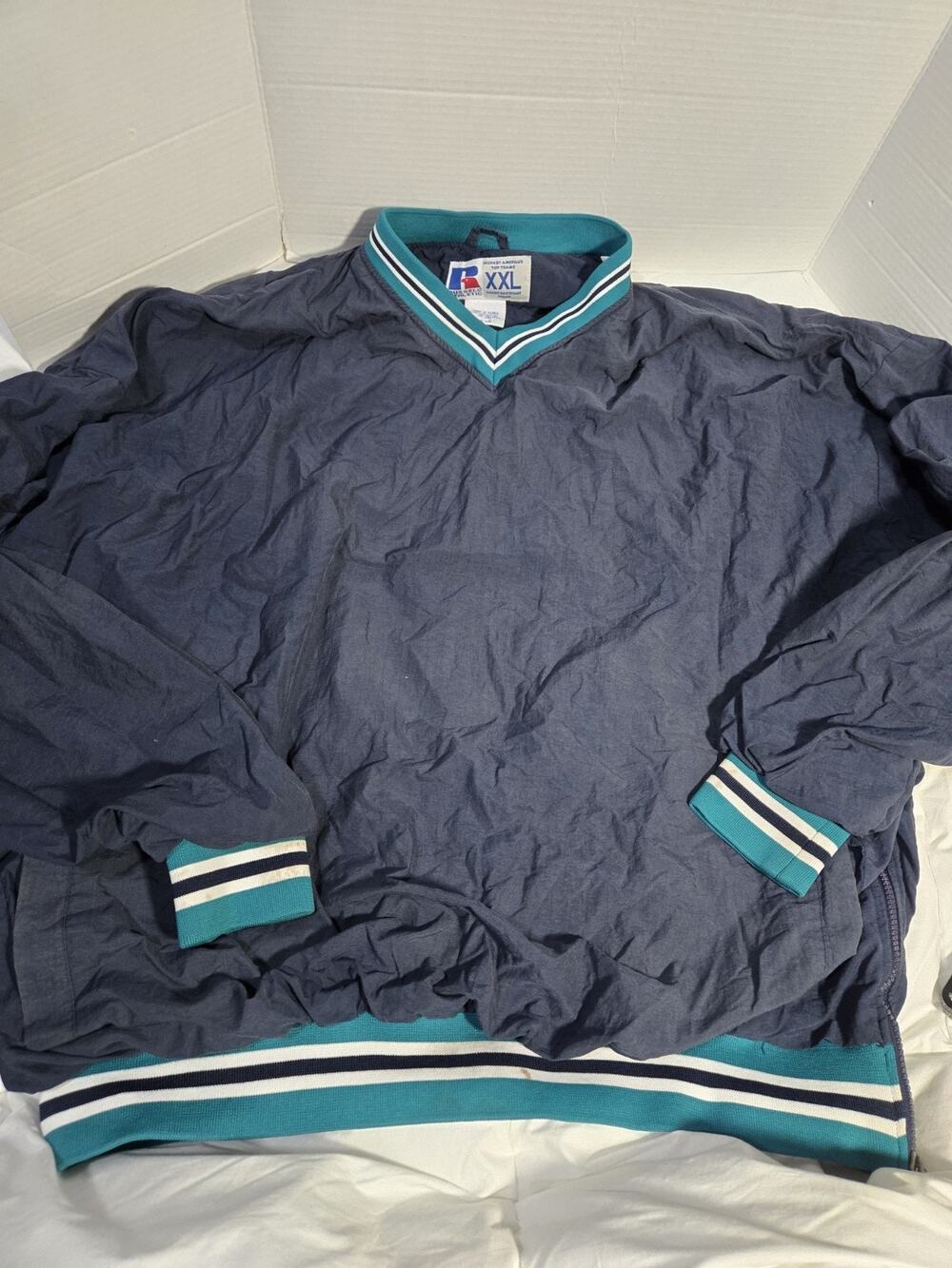 Russell Athletic Windbreaker Mens Sz XXL Blue Lined V Neck Nylon Vtg Water-resis